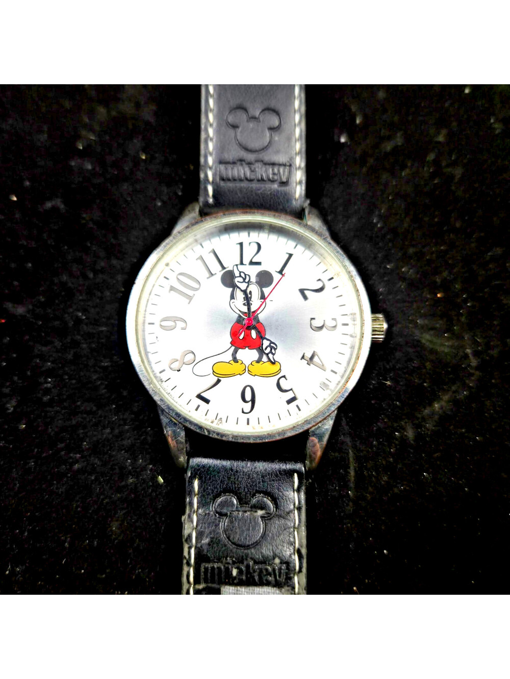 Disney Mickey Mouse Watch Quartz Japan Movement Black Leather Strap Vintage